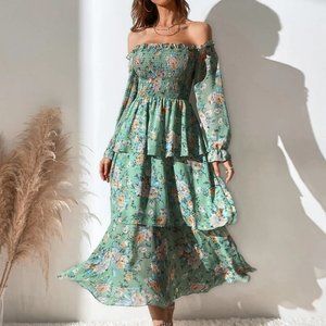 Off The Shoulder Shirred Layered Hem Floral Printed Dress